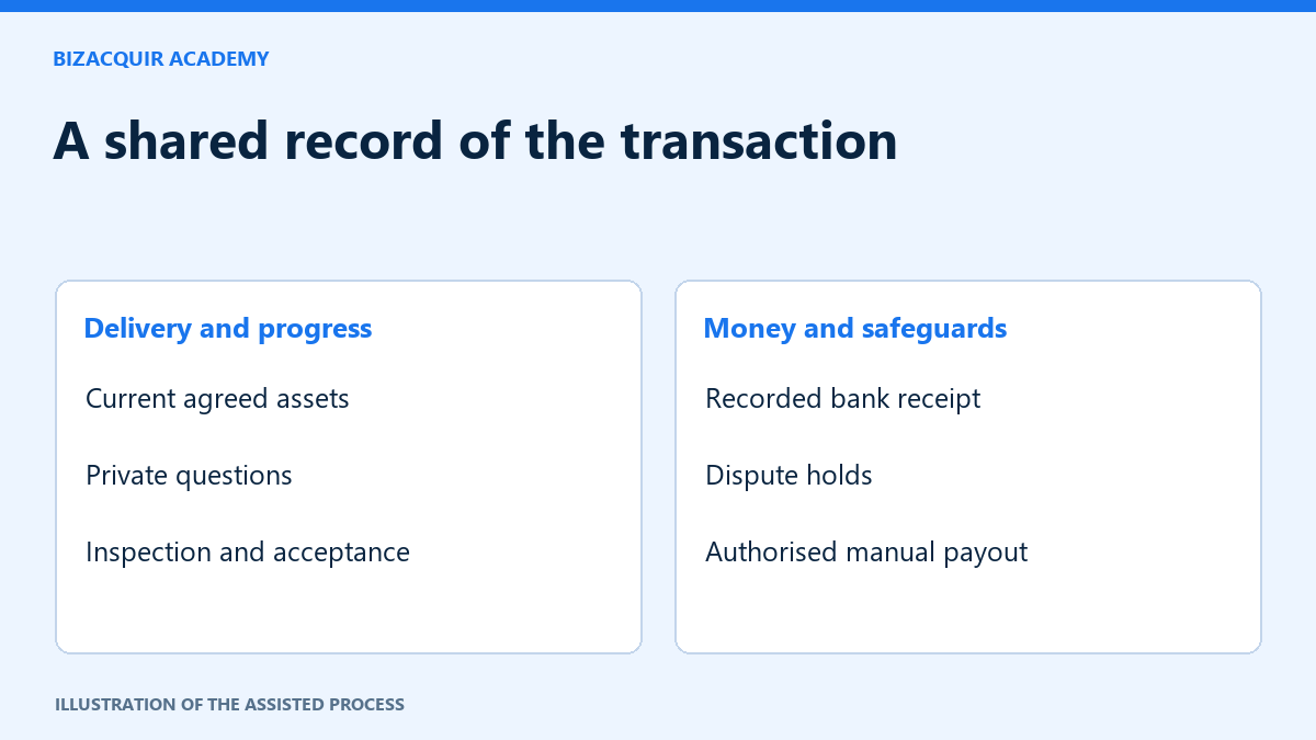 Original instructional illustration: A shared record of the transaction. Illustration of the assisted process.