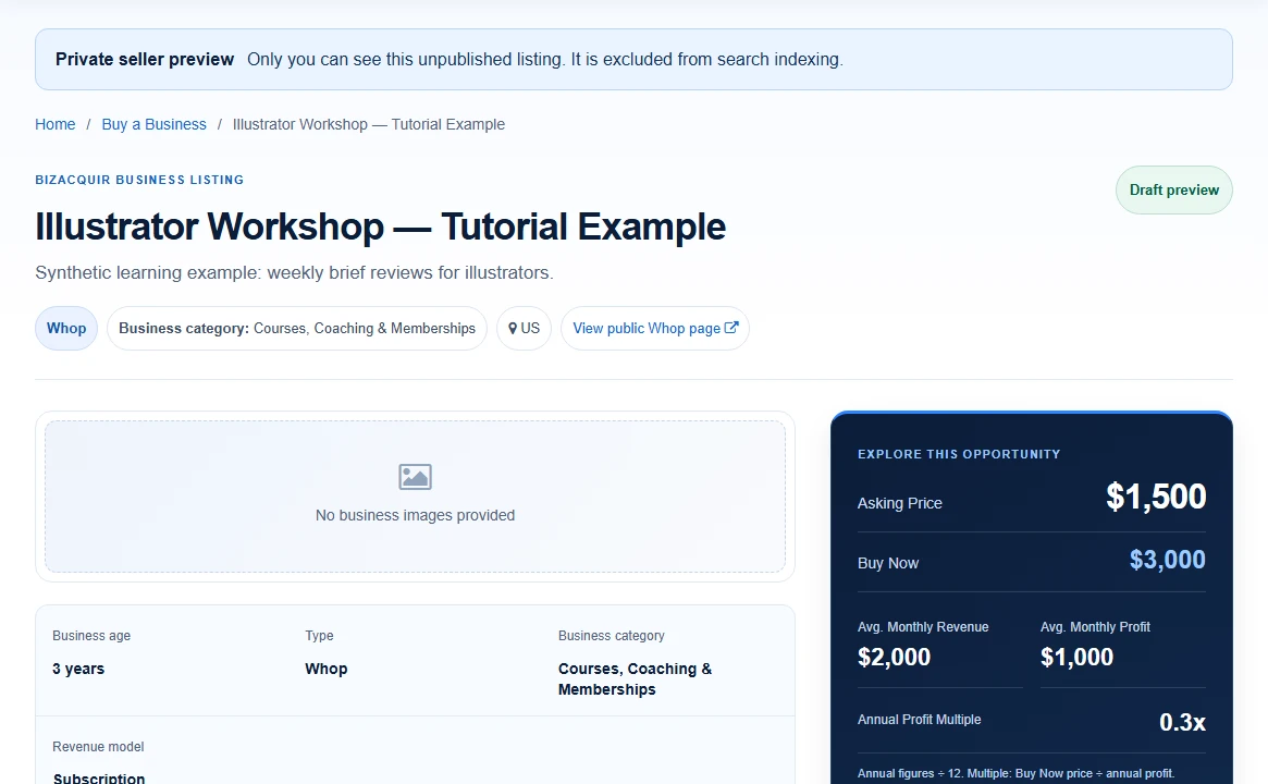 Actual private preview of the fictional tutorial business. This is saved example content, not a published marketplace listing.