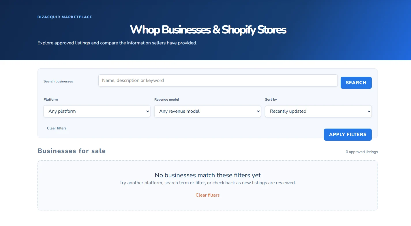 The public browse interface. Availability changes over time; this capture shows the real empty-result state rather than fabricated listings.