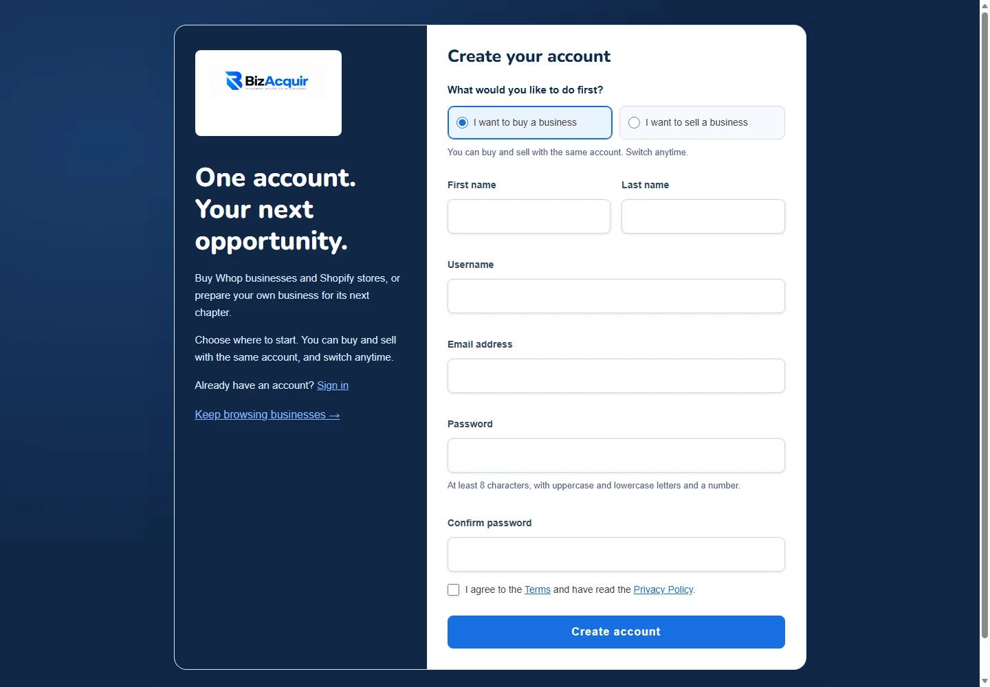 The public registration screen offers buying and selling intent within one account. No account information is entered in this capture.