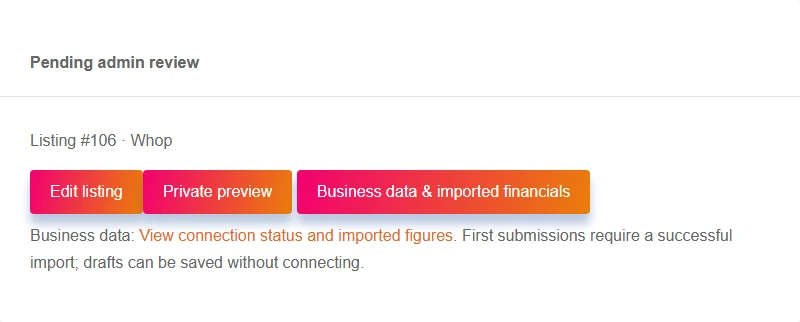 Actual seller rendering of a synthetic pending-review record, prepared separately to demonstrate the status and available actions.