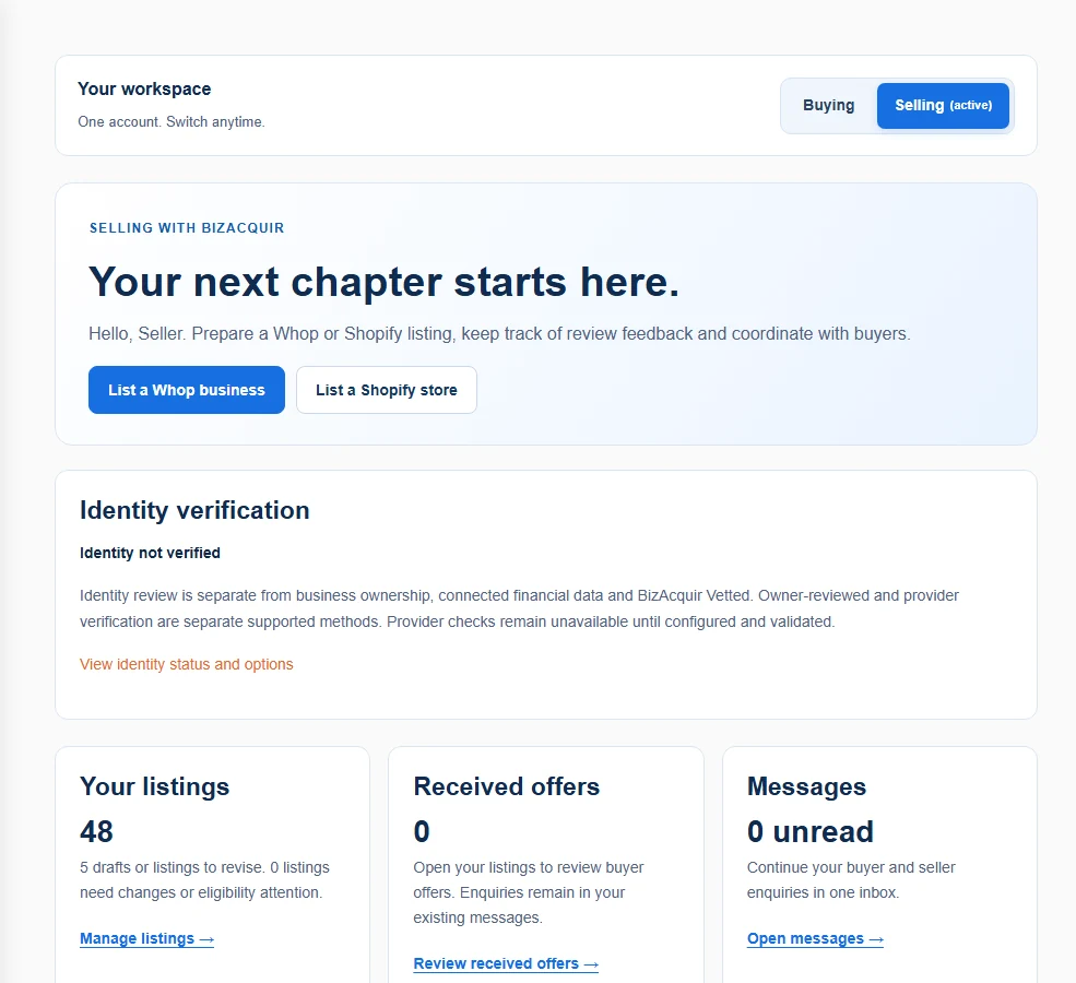 Selling dashboard in an isolated tutorial account. Counts and records are synthetic examples, not live marketplace activity.