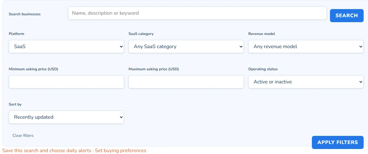 Actual BizAcquir browse controls with SaaS selected, plus category, budget and operating-status filters
