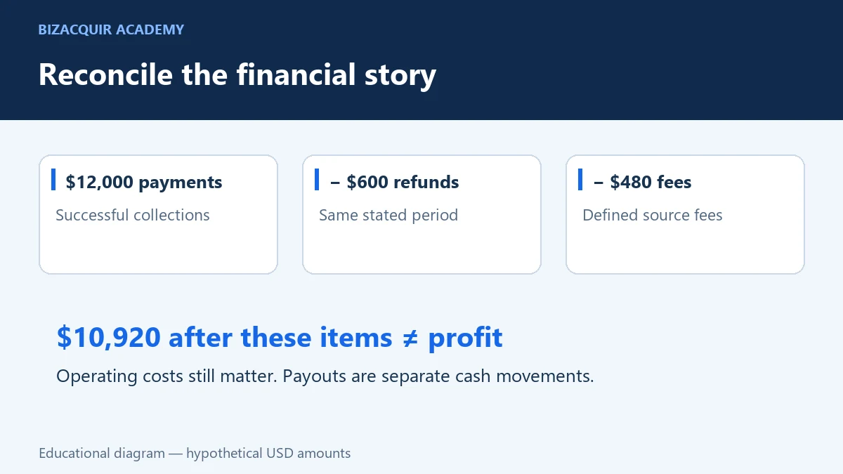 Hypothetical USD reconciliation: $12,000 payments less $600 refunds and $480 fees leaves $10,920 before other costs