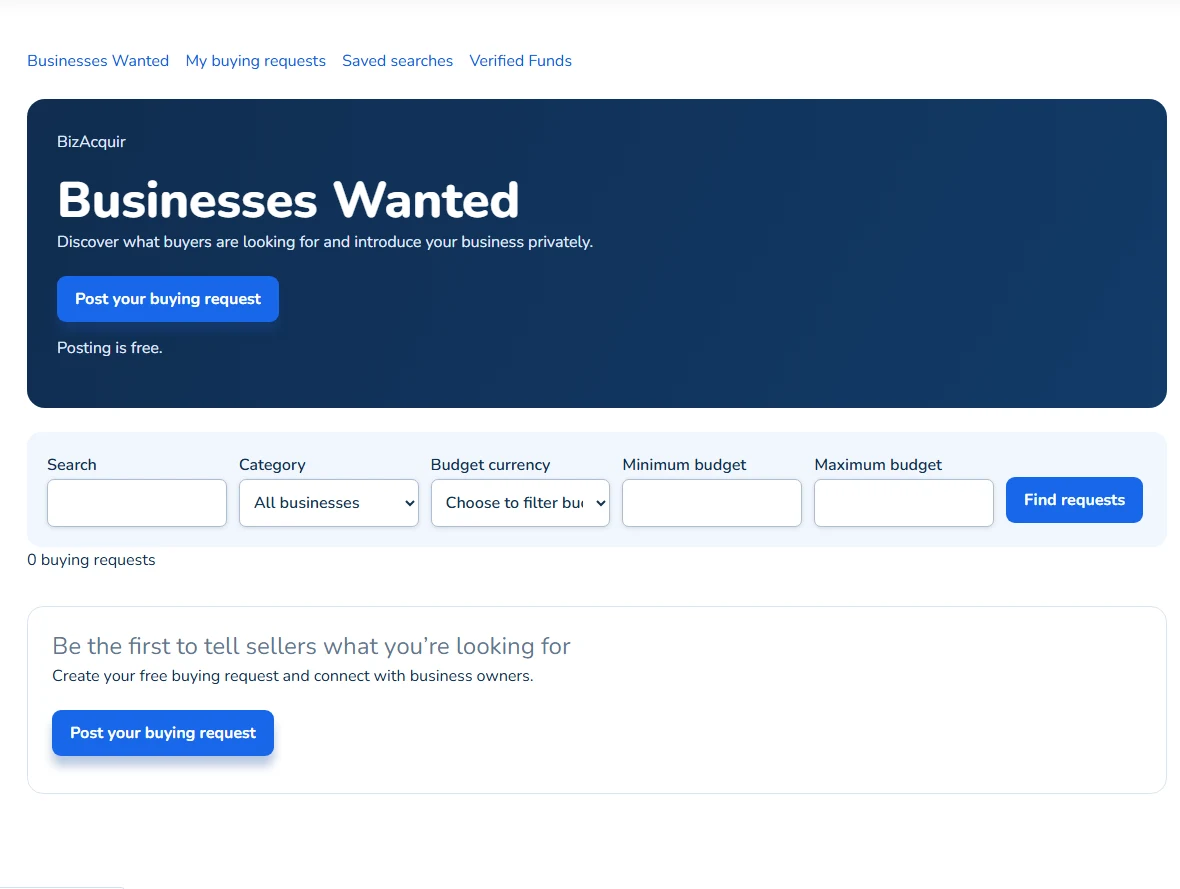 The public Businesses Wanted board captured on 28 October 2026; no approved requests were available at capture.