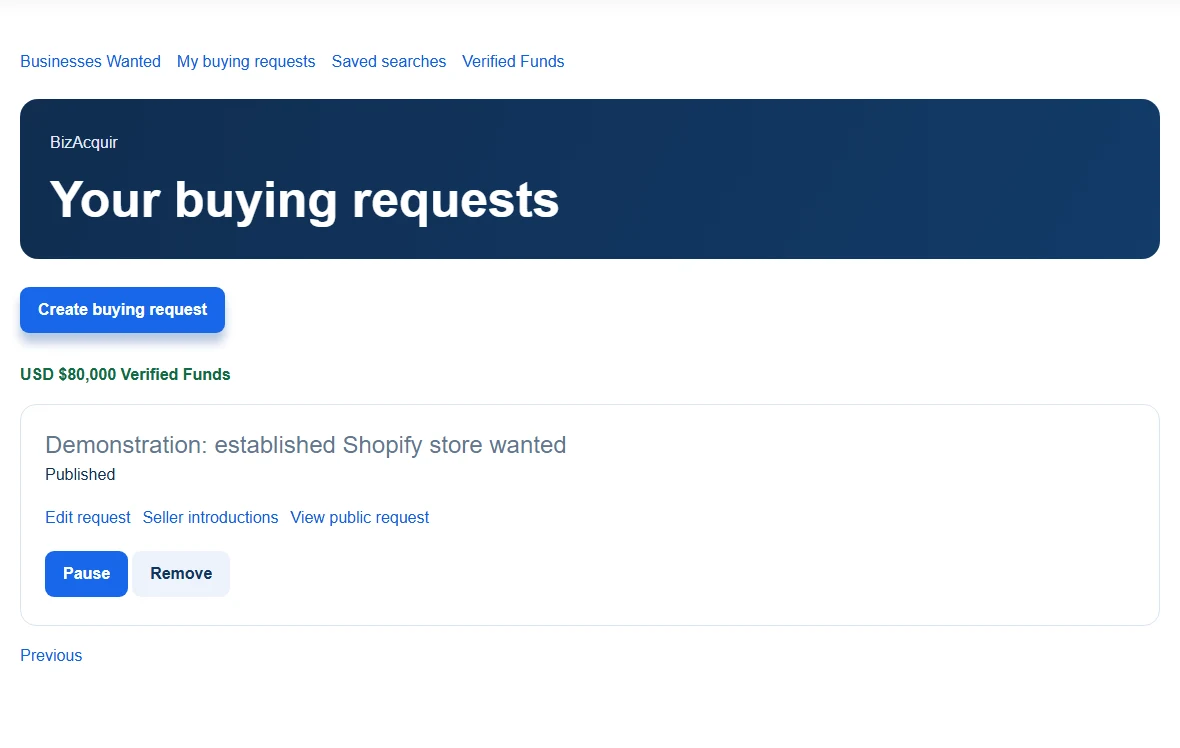 Demonstration buying dashboard: example funds, request and management actions; no real buyer or purchasing funds are shown.
