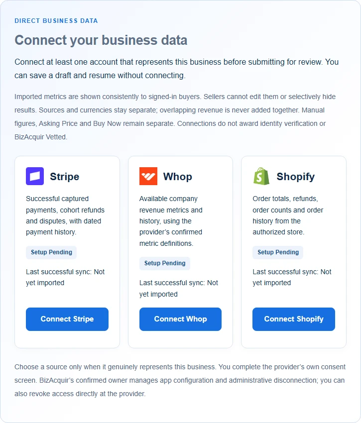 The actual connection step shows each provider, import status and last successful sync. These captured cards are Setup Pending; none demonstrates a successful connection.