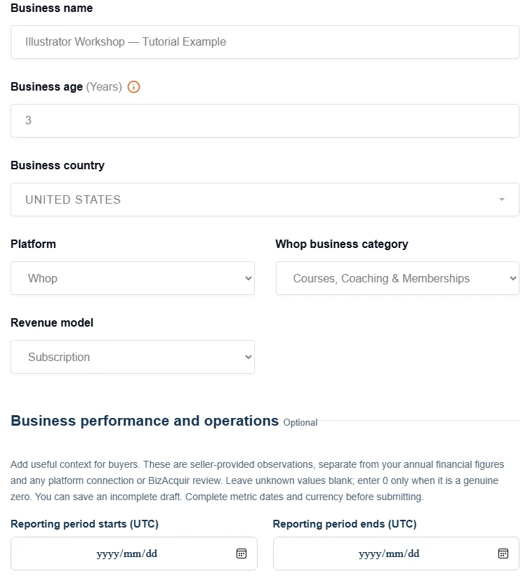 Business details in the real seller form, using a fictional tutorial record. Platform, business category and revenue model are separate selections.