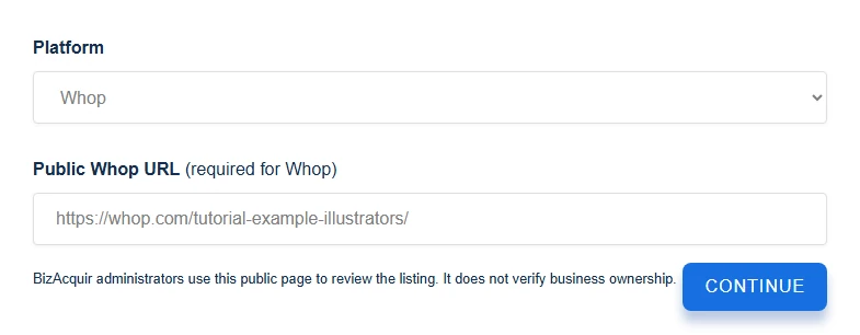 Step 1 in an isolated tutorial listing: Whop and its public business URL. The example is fictional and is not a business offered for sale.