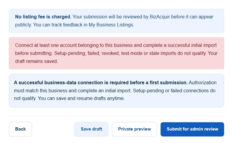 The final submission controls and a real validation response in an isolated tutorial account. A stopped submission remains a draft; this capture does not claim a completed provider import.